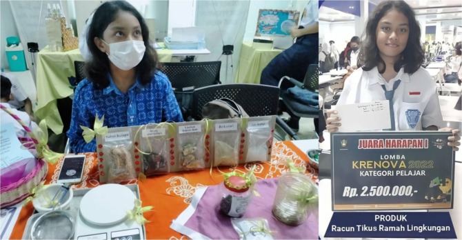 PRODUKTIF: SISWA SMAN 3 Surakarta Naila Izzati tunjukkan produk racun tikus alami dari bahan serabut kelapa. Foto kanan, produk ini membawa Naila juara harapan 1 Lomba Krenova 2022 Kategori Pelajar. (SEPTIAN REFVINDA/RADAR SOLO)