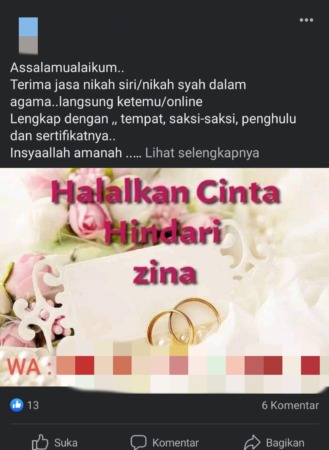 WASPADA: Tangkapan layar postingan yang menawarkan jasa nikah siri yang diposting di media sosial. (SCREENSHOT)