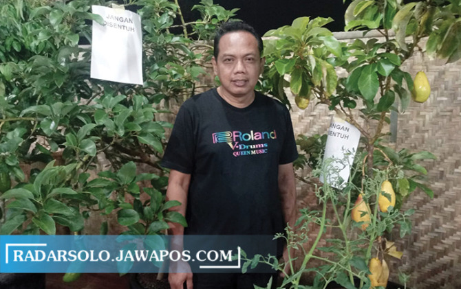 Agus Kristianto petani pemilik Badranaya Nurseri menunjukkan tanaman buah yang ditanam dalam pot di Festival Pangan Lokal 2022. (IWAN KAWUL/RADAR SOLO)