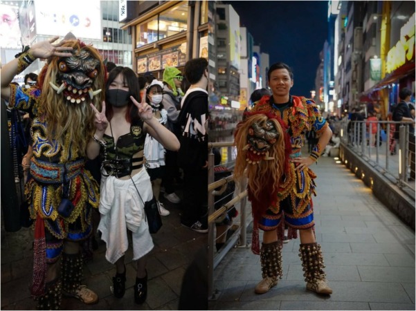 PEDE: Deni Ramadhan mengenakan kostum buto gedruk di Kota Osaka, Jepang saat perayaan Hallowen, Sabtu (29/10). (DOKUMENTASI DENI RAMADHAN FOR RADAR SOLO)