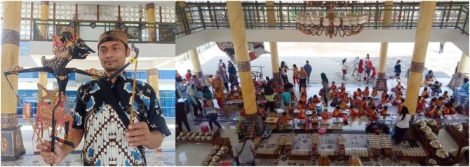 TOTALITAS: Margono (kiri) terus membina generasi muda agar peduli terhadap budaya sendiri. (foto kanan) Suasana pelatihan kesenian di IKM Semanggi. (A CHRISTIAN/RADAR SOLO)