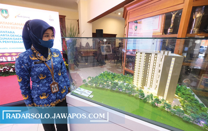 MEGAH: Maket apartemen untuk ASN Solo, dalam program kerja sama antara pemkot, BPD Jateng, dan PT Taspen. (SILVESTER KURNIAWAN/RADAR SOLO)