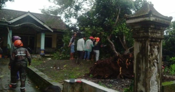 Relawan gabungan bersama BPBD Karanganyar melakukan evakuasi terhadap pohon yang tumbang dan melakukan pendataan terkait rumah yang mengalami kerusakan akibat kejadian angin puting beliung di Dusun Wonokeso, Desa Doplang, Kecamatan Karangpandan. (RUDI HAR