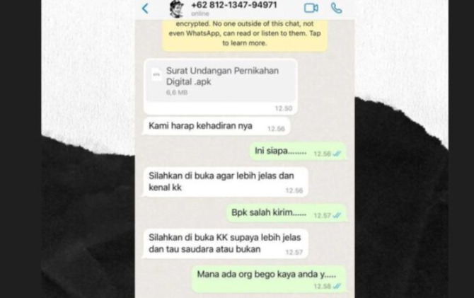 Viral modus penipuan baru di WhatsApp berkedok mengirim undangan dengan file APK. (Istimewa)