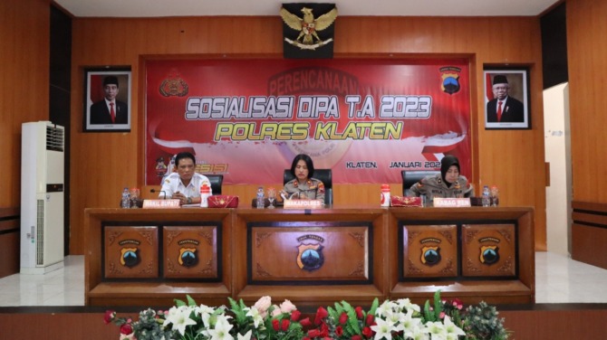 AGENDA TAHUNAN: Sosialisasi DIPA yang digelar di aula Satya Haprabu Mapolres Klaten, Rabu (11/1/2023). (POLRES KLATEN FOR RADAR SOLO)