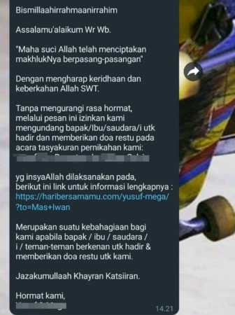 Contoh format pesan lewat whatsapp yang menyajikan undangan nikah digital file apk. (ISTIMEWA)