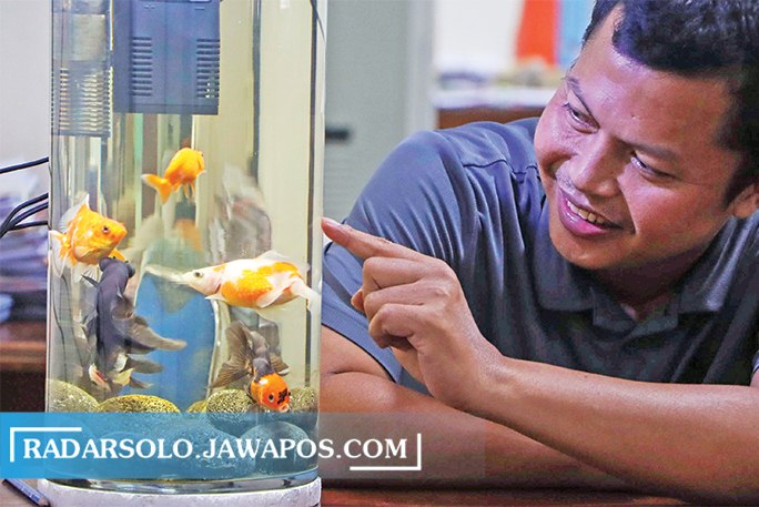 BIKIN RUANGAN LEBIH FRESH: Akuarium tabung yang diletakkan di meja kerja Budi Santoso. (M. IHSAN/RADAR SOLO)
