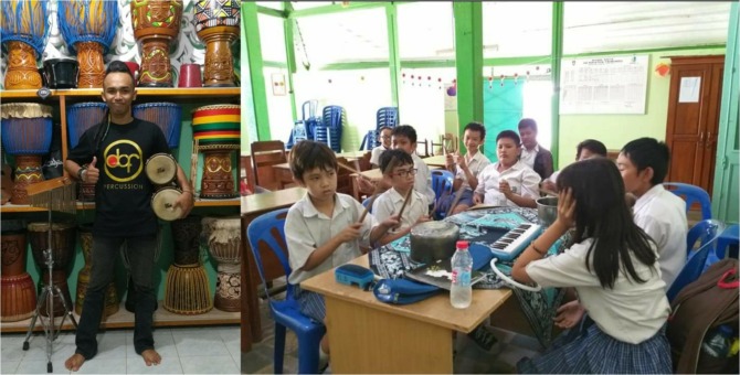 TELATEN: (foto kiri) Bimo Chrisna Yudha. Bimo saat  membimbing anak-anak bermain musik perkusi (foto kanan). (DOK BIMO CHRISNA)