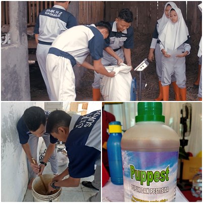 ORGANIK: Siswa SMK negeri di Sukoharjo membuat pupuk dan pestisida cair dari bahan urine ternak, belum lama ini. (foto kanan bawah) Kemasan pupuk dan pestisida cair. (SEPTIAN REFVINDA/RADAR SOLO)