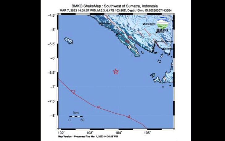 Peta pusat gempa bumi berkekuatan magnitudo 5,3 di wilayah Tanggamus, Lampung pukul 14.31 WIB, Selasa (7/3). (ANTARA/BMKG)