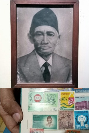 Foto K.H. Samanhudi (atas) dan Perangko K.H. Samanhudi yang dikoleksi oleh Ketua Forum Pengembangan Kampoeng Batik Laweyan ( FPKBL) Alpha Febela Priyatmono. (MANNISA ELFIRA/RADAR SOLO)