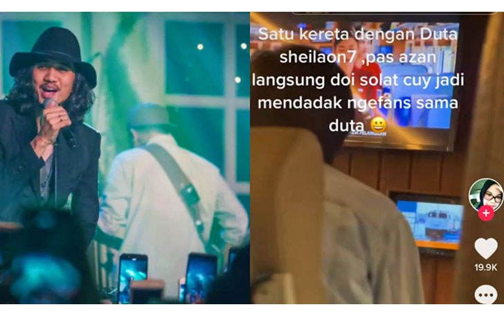 Duta Sheila On 7 terlihat melaksanakan ibadah salat di dalam kereta. (TikTok @adebunda)