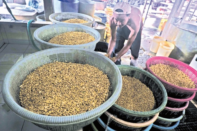 BANYAK DIKONSUMSI: Perajin sedang memproses kedelai sebagai bahan baku utama tempe. (ARIEF BUDIMAN/RADAR SOLO)