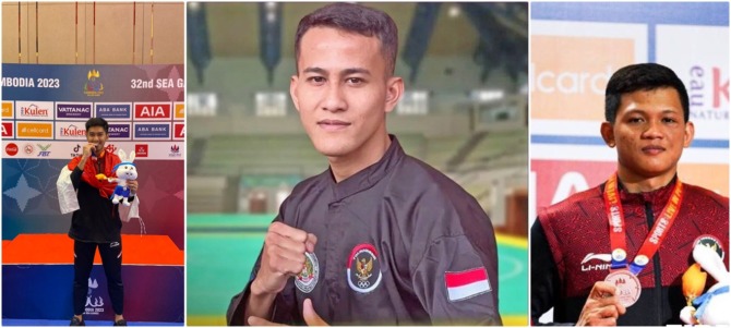 PARA PEJUANG: (dari kiri ke kanan) Osanando Naufal Khairudin atlet Taekwondo, Khoirudin Mustakim atlet Silat, dan Firman Muharram Syach dari cabor kick boxing. (ISTIMEWA)