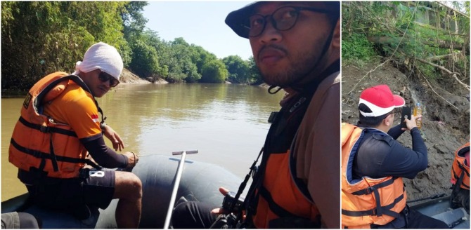 DLH Sukoharjo mendampingi DLH Provinsi Jawa Tengah susur sungai Bengawan Solo dalam rangka inventarisasi sumber pencemar. (IWAN KAWUL/RADAR SOLO)