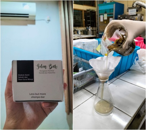 BERBAHAN ORGANIK: Selen Bar, sampo karya mahasiswa UNS dari bahan ekstrak seledri dan serai wangi. Foto kanan: proses pembuatan sampo. (DOK. PRIBADI)
