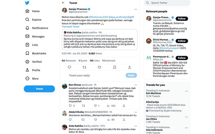Tangkapan layar cuitan pemilik akun @aida_nabiha, mengadukan kasus pemerkosaan yang dialami anaknya kepada Gubernur Jateng Ganjar Pranowo.
