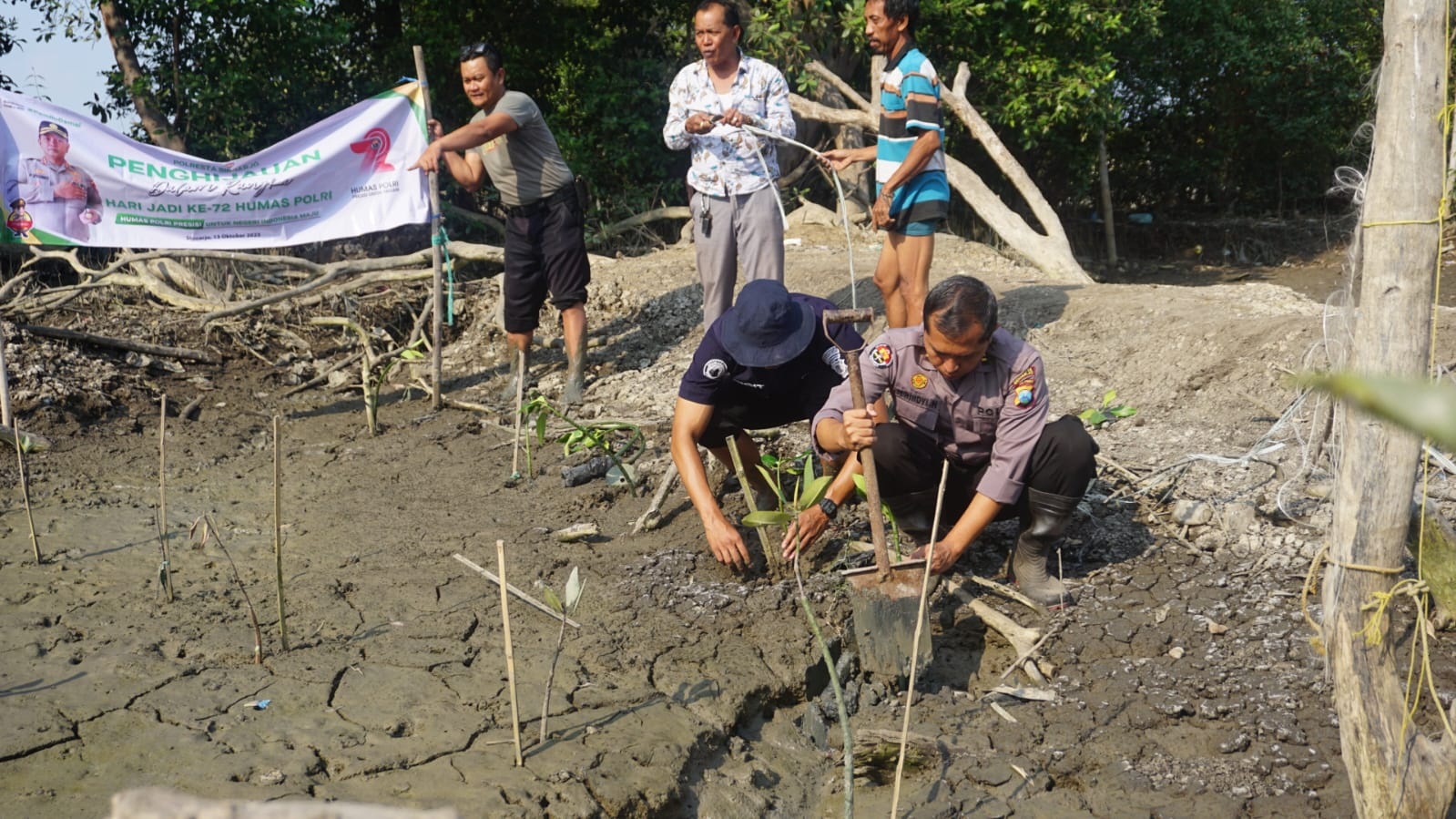 PEDULI LINGKUNGAN: Humas Polresta Sidoarjo menanam mangrove di Desa Tambak Cemandi Jumat (13/10). (IST)