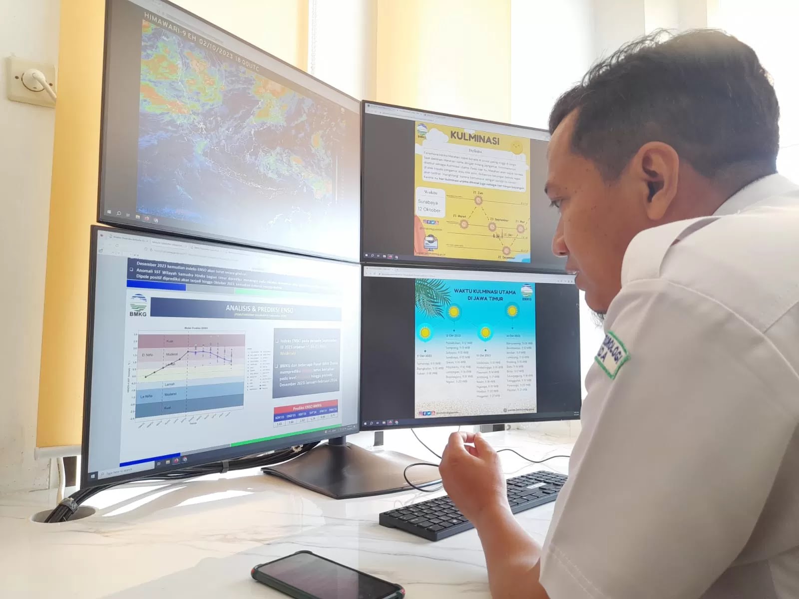 FENOMENA ALAM: Petugas BMKG Juanda saat jelaskan potensi cuaca ekstrem. (M SAIFUL ROHMAN/RADAR SIDOARJO)