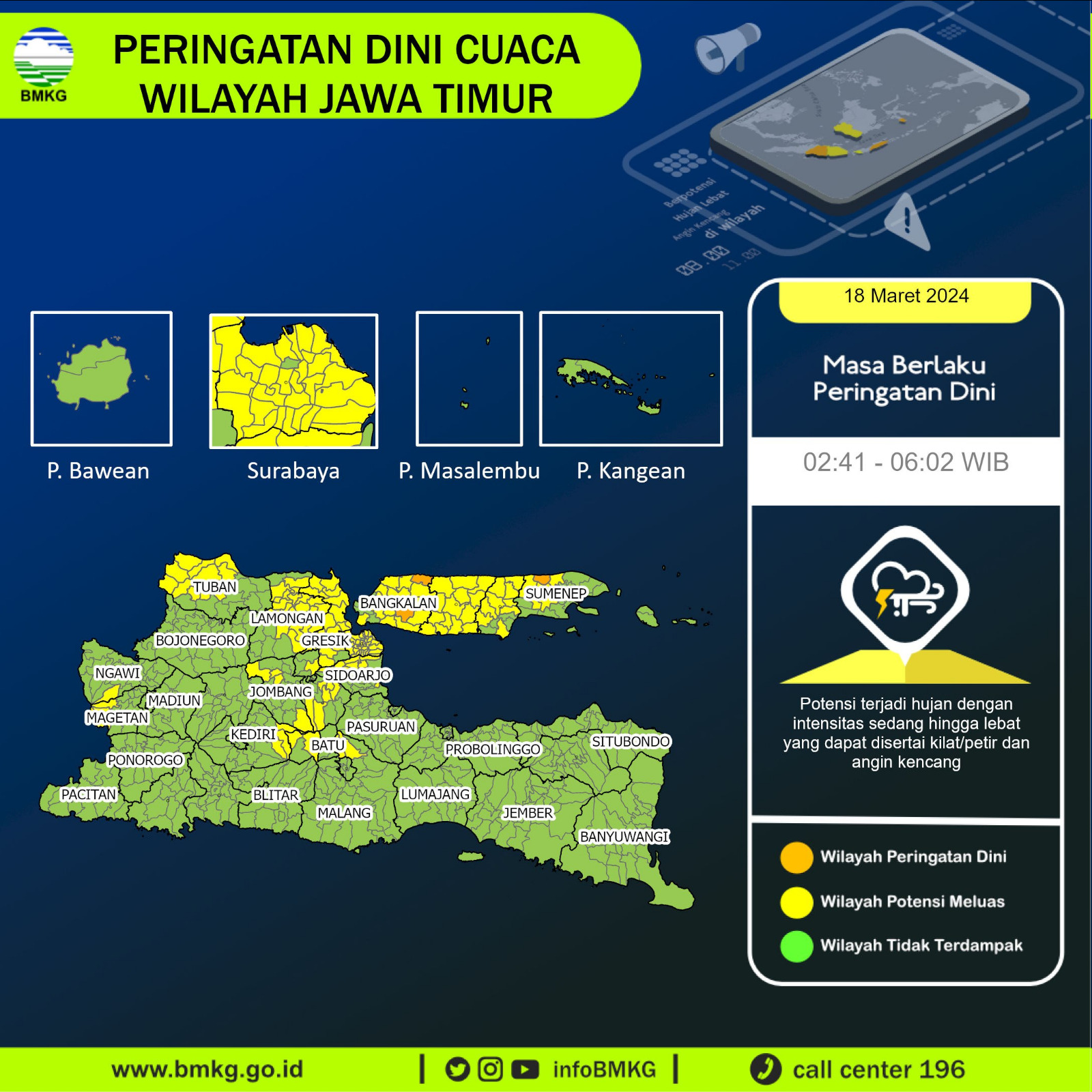 CUACA HARI INI: Prakiraan cuaca dari BMKG Juanda Sidoarjo untuk 18 Maret 2024. (IST/BMKG Juanda)