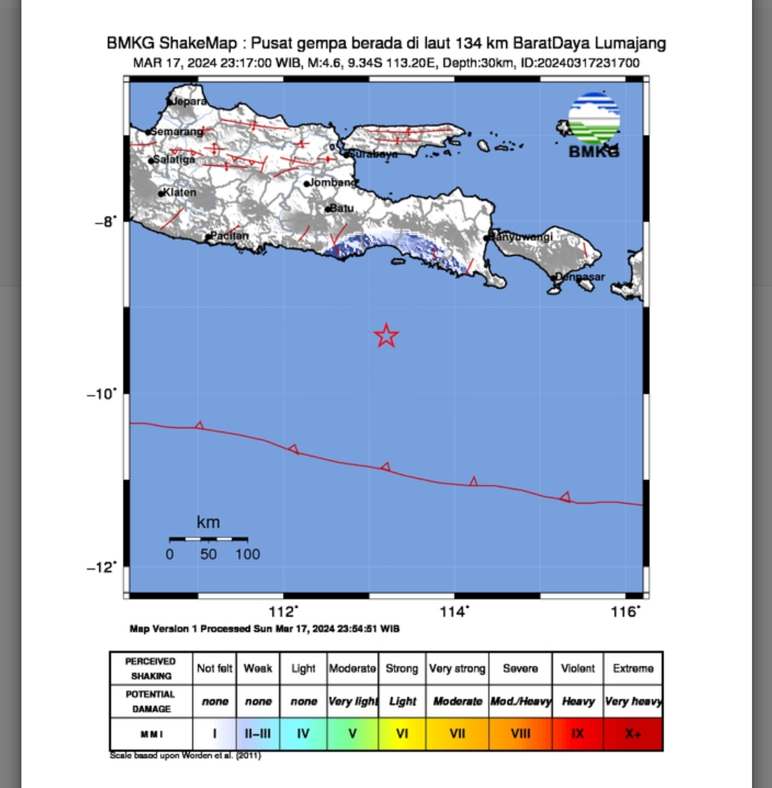 INFORMASI: Peta pusat gempa bumi yang terjadi di Lumajang, Jawa Timur. (IST/BMKG)