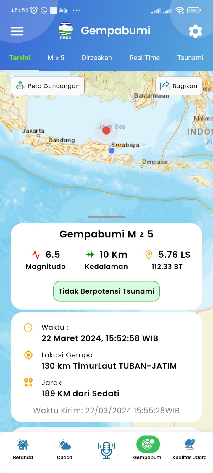 LAGI: Gempa susulan terjadi dan kembali dirasakan di Sidoarjo. (IST/BMKG)
