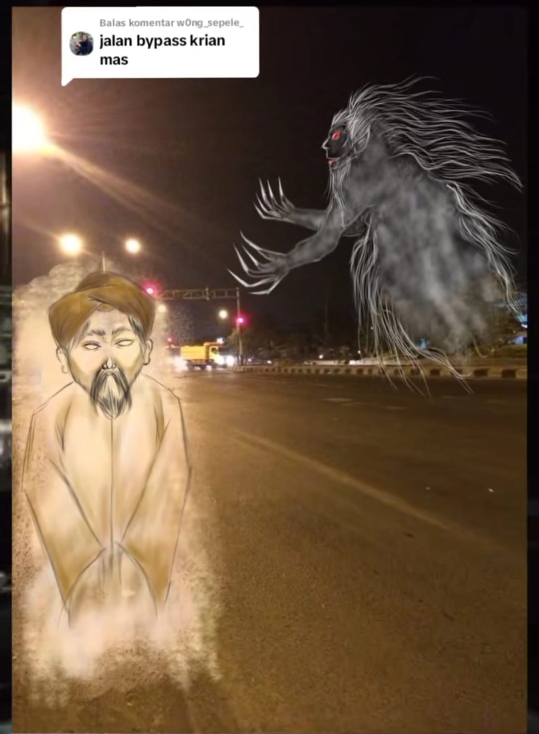 Makhluk gaib di Bypass Krian. (IST/akun TikTok EXSAKA)