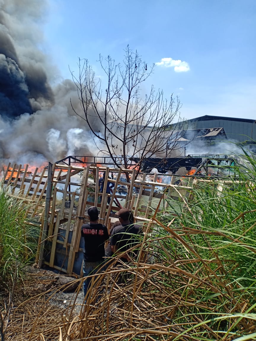ASAP TEBAL : Kondisi gudang rongsokan di Krian saat kebakaran terjadi, Jumat (11/10).  &nbsp;