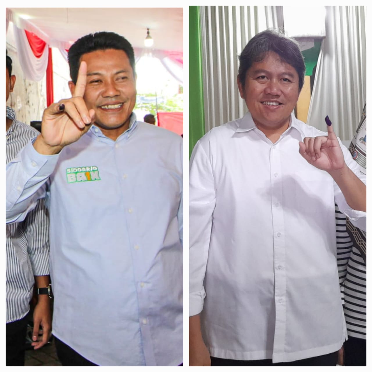 HASIL SEMENTARA: Calon Bupati Sidoarjo Subandi dan Achmad Amir Aslichin usai mencoblos di TPS masing-masing.