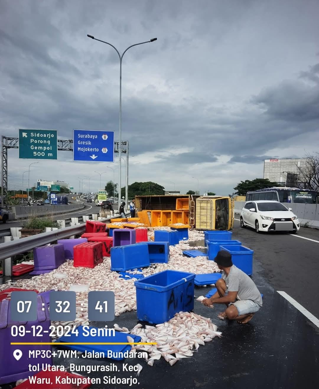 APES : Truk muat ikan terguling di Tol Waru arah Juanda, Senin (9/12). (IST)