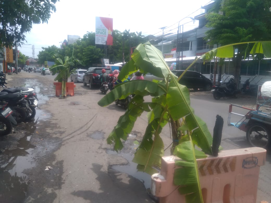 HATI-HATI : Warga memasang pohon pisang di Jalan Raya Krian, Sidoarjo. Warga minta pemerintah segera perbaiki jalan tersebut. (DIKY PUTRA SANSIRI/RADAR SIDOARJO)