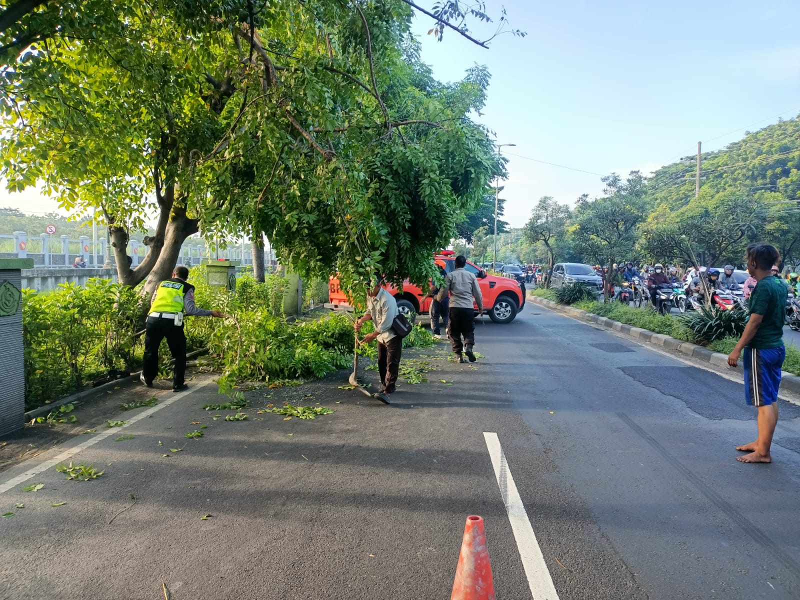 BERSIH-BERSIH: Anggota Polsek Gedangan melaksanakan pengaturan lalu lintas di lokasi pohon tumbang seberang Pasmar, Sidoarjo. (IST/RADAR SIDOARJO)