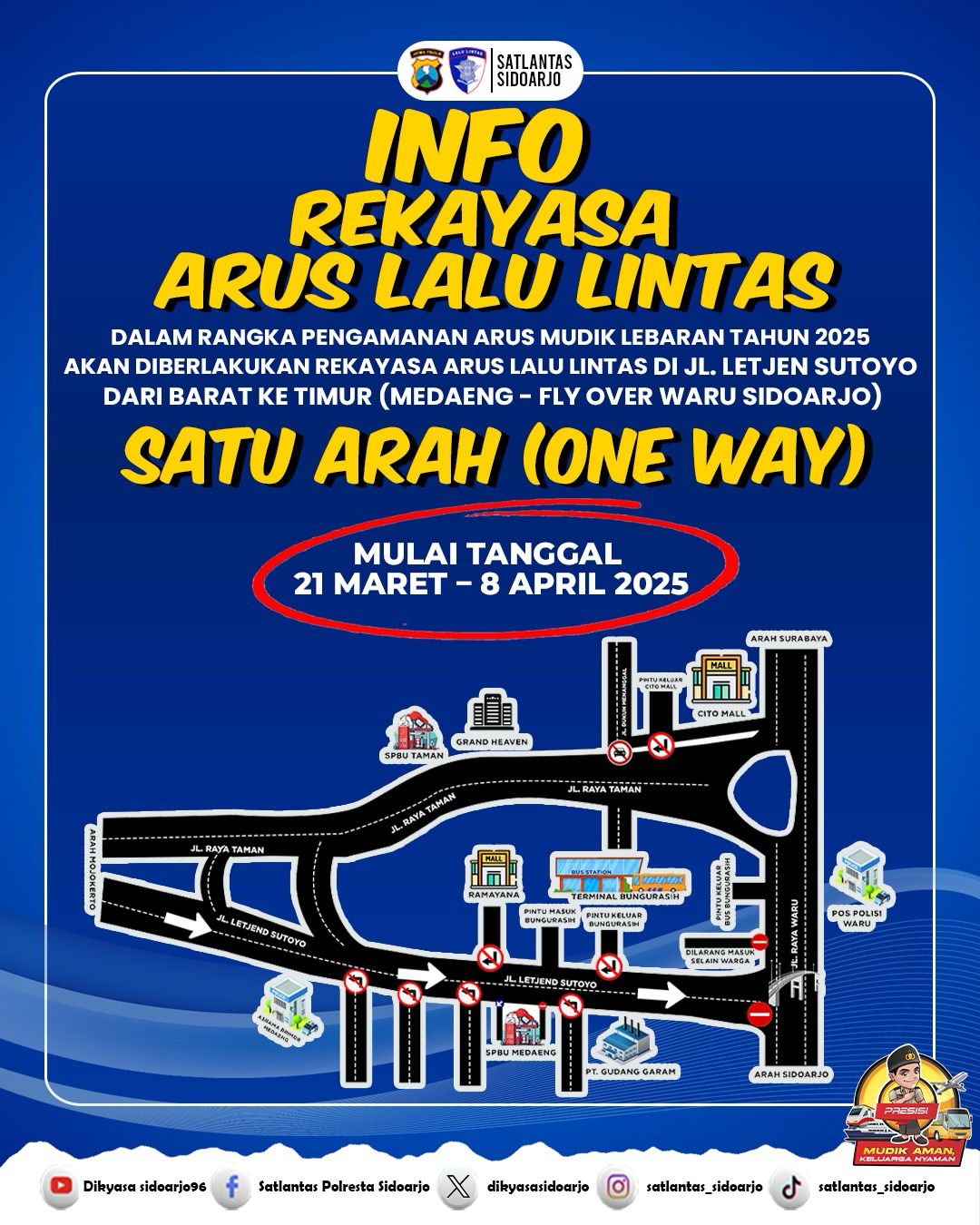 SEMENTARA : Satlantas Polresta Sidoarjo memperlakukan one way di Jalan Letjen Sutoyo, Waru, Sidoarjo, selama mudik lebaran. (IST/RADAR SIDOARJO)