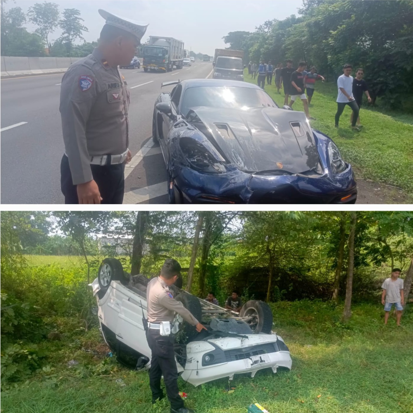 RUSAK : Kondisi mobil Porsche dan Toyota Rush usai kecelakaan di tol Sidoarjo arah Porong, Minggu (1/6). (IST/RADAR SIDOARJO)