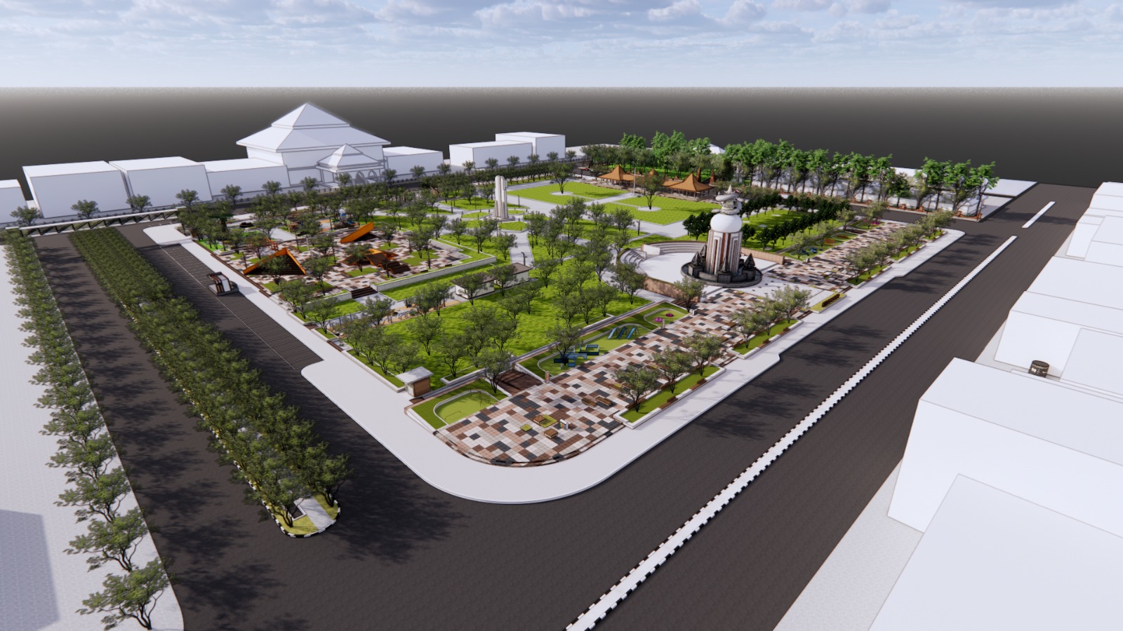 MULAI REVITALISASI: Desain Alun-alun Sidoarjo yang baru sedang dikerjakan. Fasilitas baru di sejumlah sudut ruang terbuka hijau itu akan ditambah.