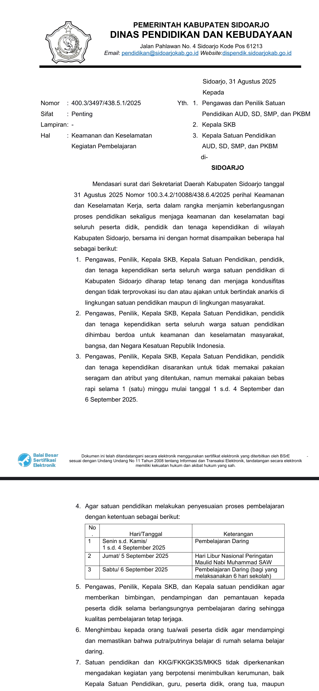 ANTISIPASI: Surat edaran penyesuaian jam pembelajaran dari Dinas Pendidikan dan Kebudayaan Sidoarjo.