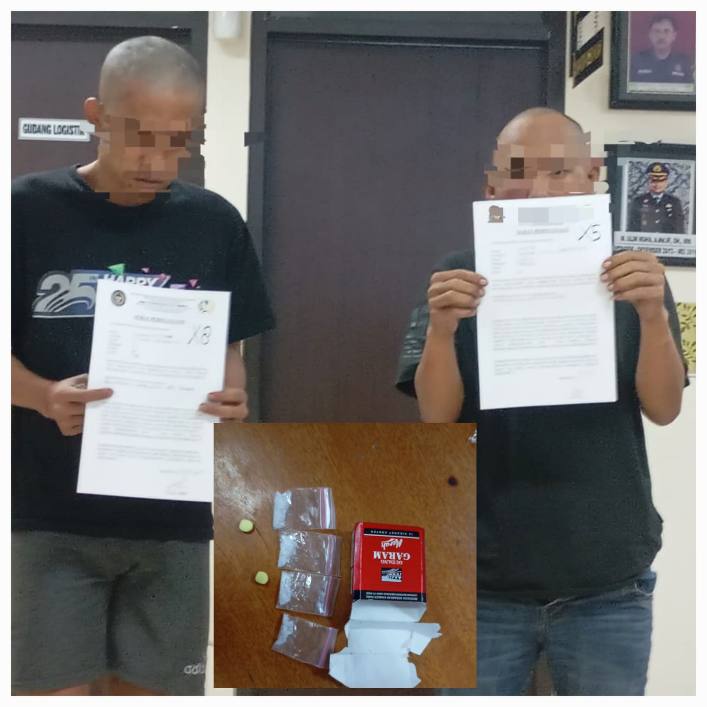 TERBONGKAR : Dua pelaku diamankan usai gagal menyelundupkan sabu dan ekstasi di Rutan Medaeng, Sidoarjo. Pelaku menyembunyikan narkoba dengan diikat di kaki. Insert: bb narkoba.(IST/RADAR SURABAYA)
