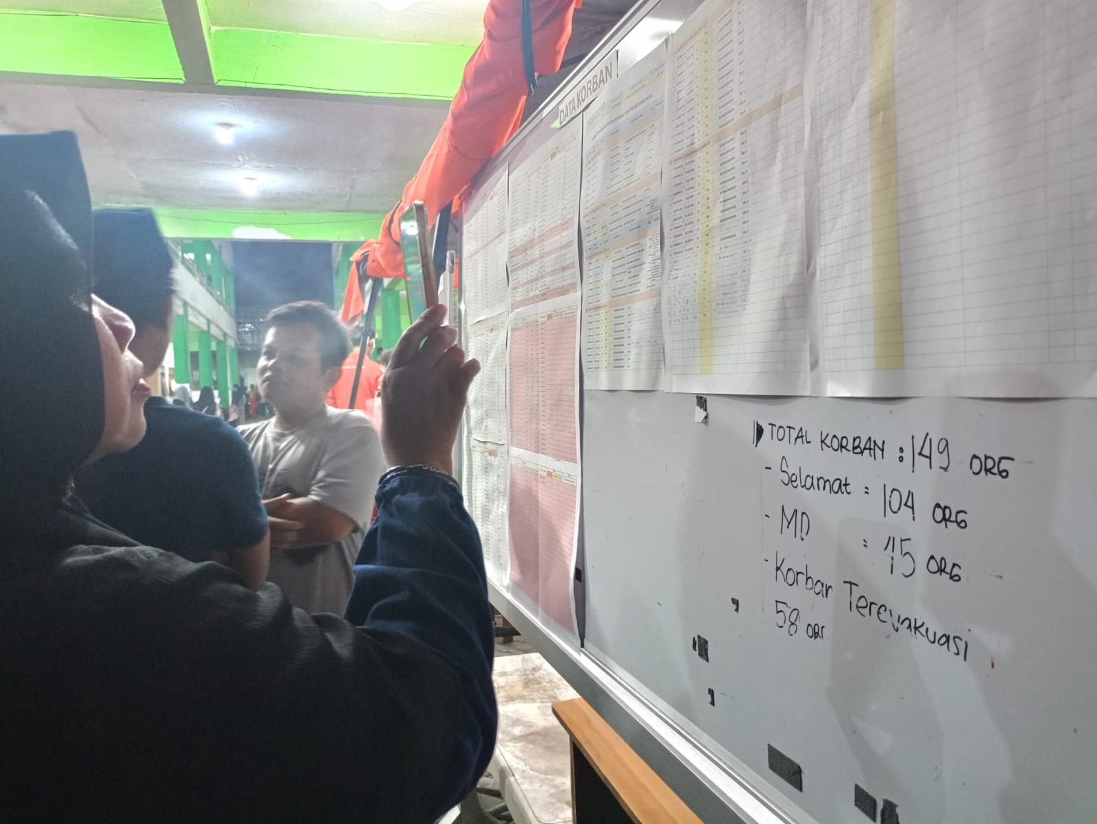 DITEMUKAN SEMUA: Keluarga sedang melihat nama-nama korban yang ditemukan kala itu. (DIKY SANSIRI/RADAR SIDOARJO)