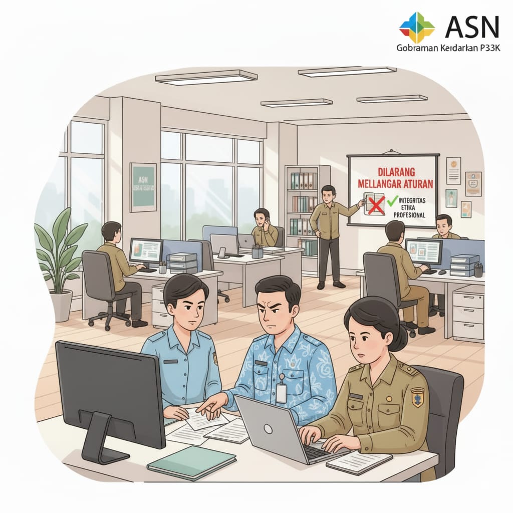Ilustrasi ASN dan P3K yang harus berintegritas, profesional dan dilarang melanggar aturan. (AI/M SAIFUL ROHMAN/RADAR SIDOARJO)