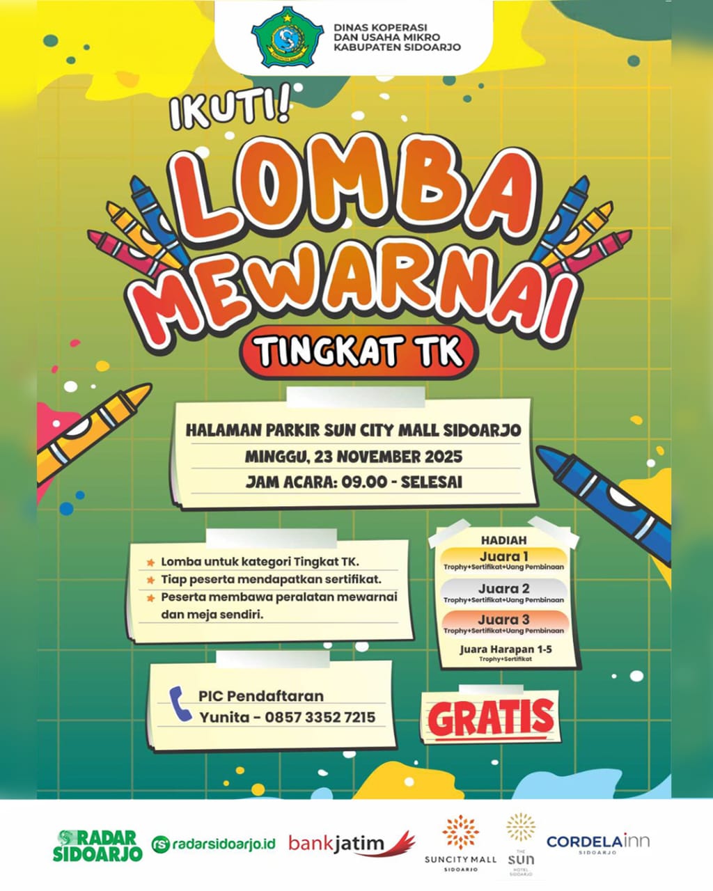 Lomba mewarnai tingkat TK dalam rangkan pelaksanaan Bazar UMKM oleh Dinas Koperasi dan Usaha Mikro Sidoarjo.