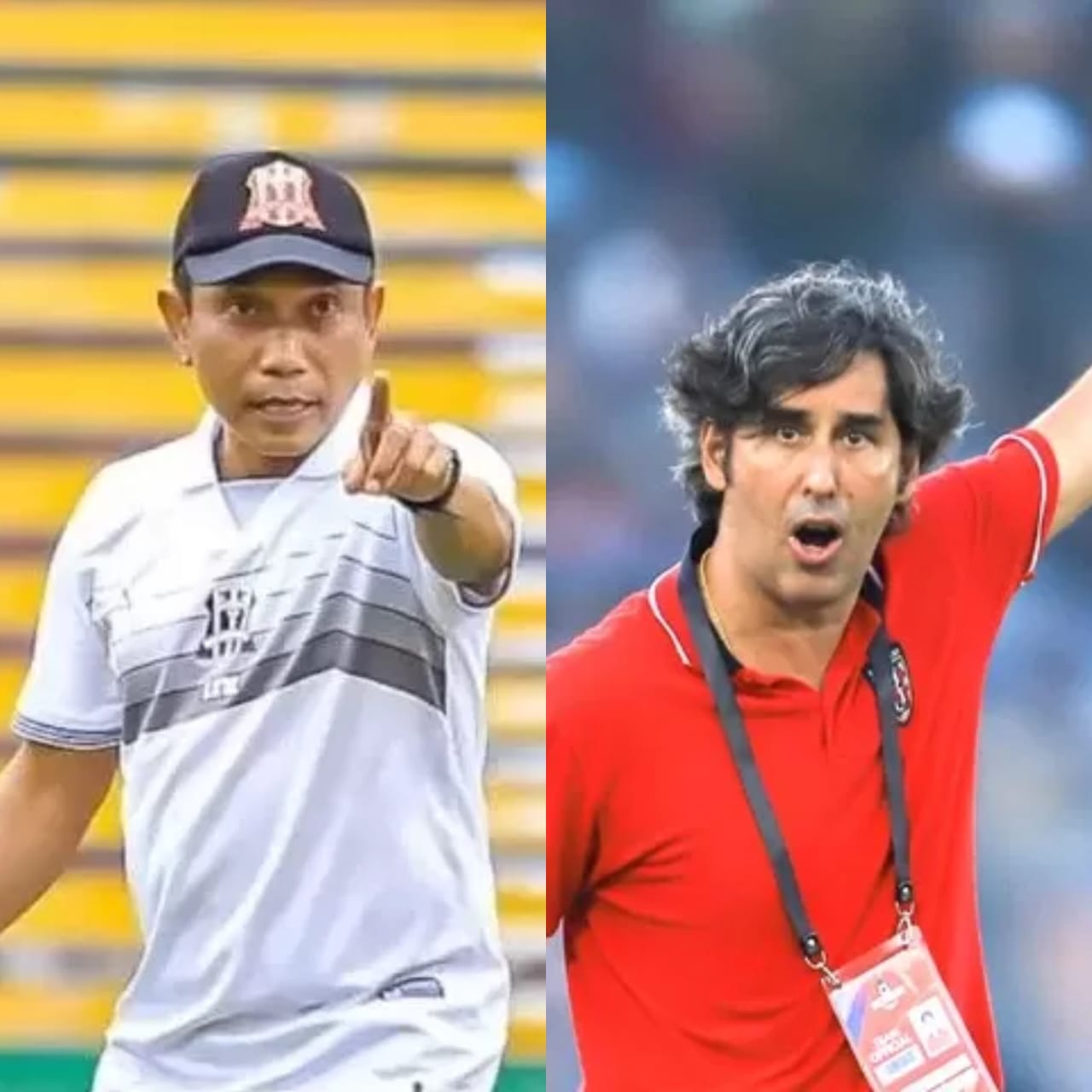 BERSAING: Pelatih Deltras Widodo Cahyono Putro (kiri) dan Pelatih Barito Putera, Stefano Cugura atau Teco.&nbsp;(Foto Deltras Sidoarjo)