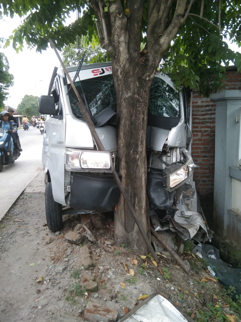 APES: Pikap ringsek usai tabrak pohon di Wilayut, Sukodono, Senin (17/11).