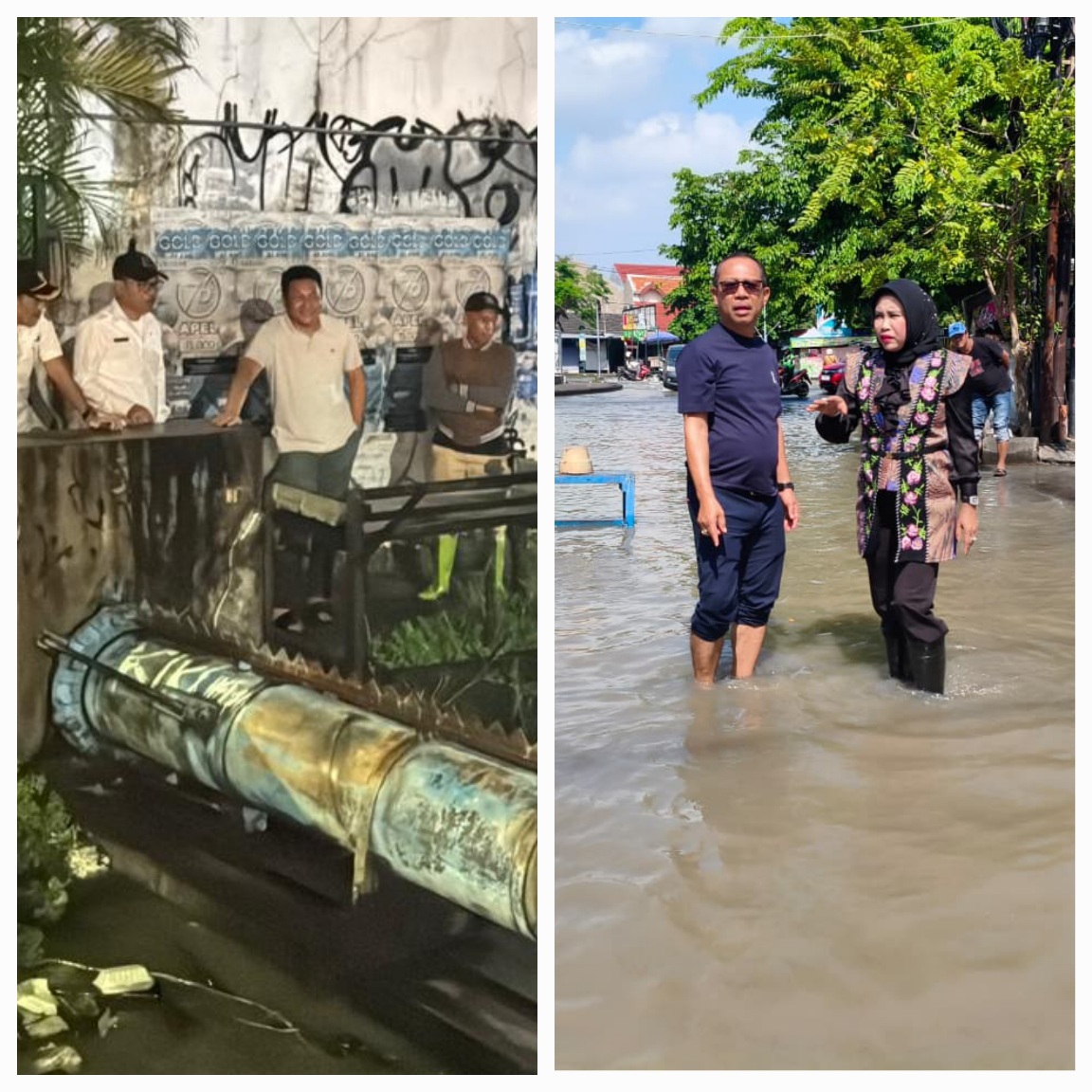 MEMANTAU: Bupati Sidoarjo Subandi dan Wakil Bupati Mimik Idayana saat meninjau kondisi banjir. (M SAIFUL ROHMAN/RADAR SIDOARJO)