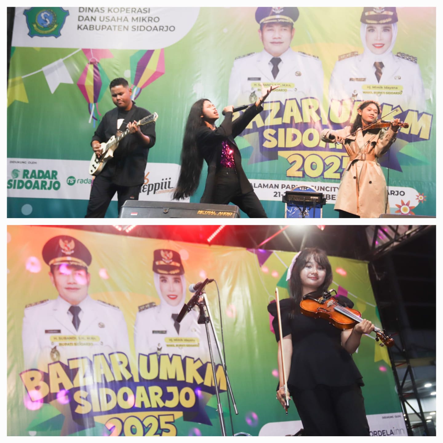 MEMUKAU: Dari kiri atas Alvaro Fernanda, Echa Gama, Shinta Cantika, dan Elvira Zahra Kirana (bawah) berhasil mencuri perhatian pengunjung Bazar UMKM Sidoarjo 2025.&nbsp;(ANDY/RADAR&nbsp;SIDOARJO)