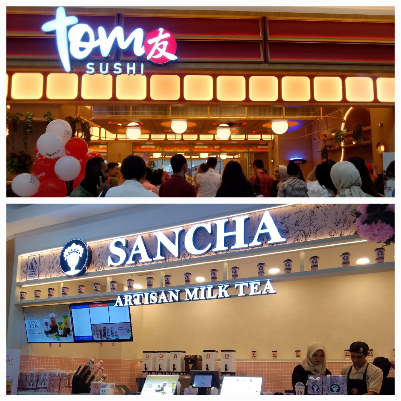 RAMAI: Grand opening Tom Sushi dan Sancha Artisan Milk Tea di Suncity Mall Sidoarjo, Rabu (26/11) pagi. (DIKY SANSIRI/RADAR SIDOARJO)