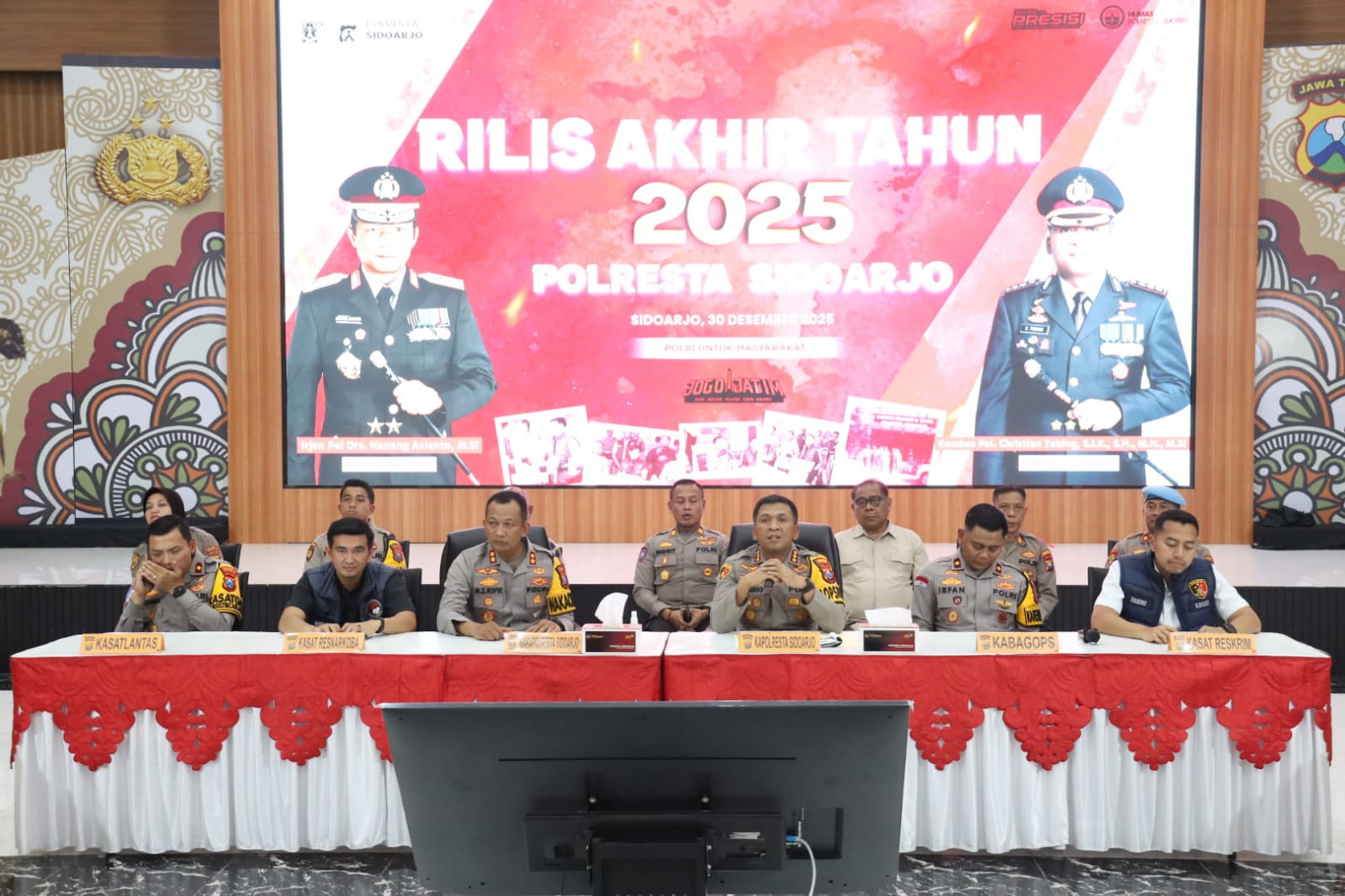 MENINGKAT: Polresta Sidoarjo saat anev akhir tahun sepanjang 2025. Kapolresta Sidoarjo Kombes Pol Christian Tobing beserta PJU dan kapolsek jajaran. (SURYANTO/RADAR SURABAYA)