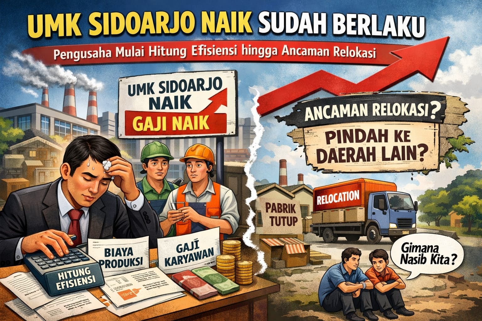 ILUSTRASI : Pengusaha mulai memikirkan langkah efisiensi menyusul kenaikan UMK. (AI/DIKY SANSIRI/RADAR SIDOARJO)