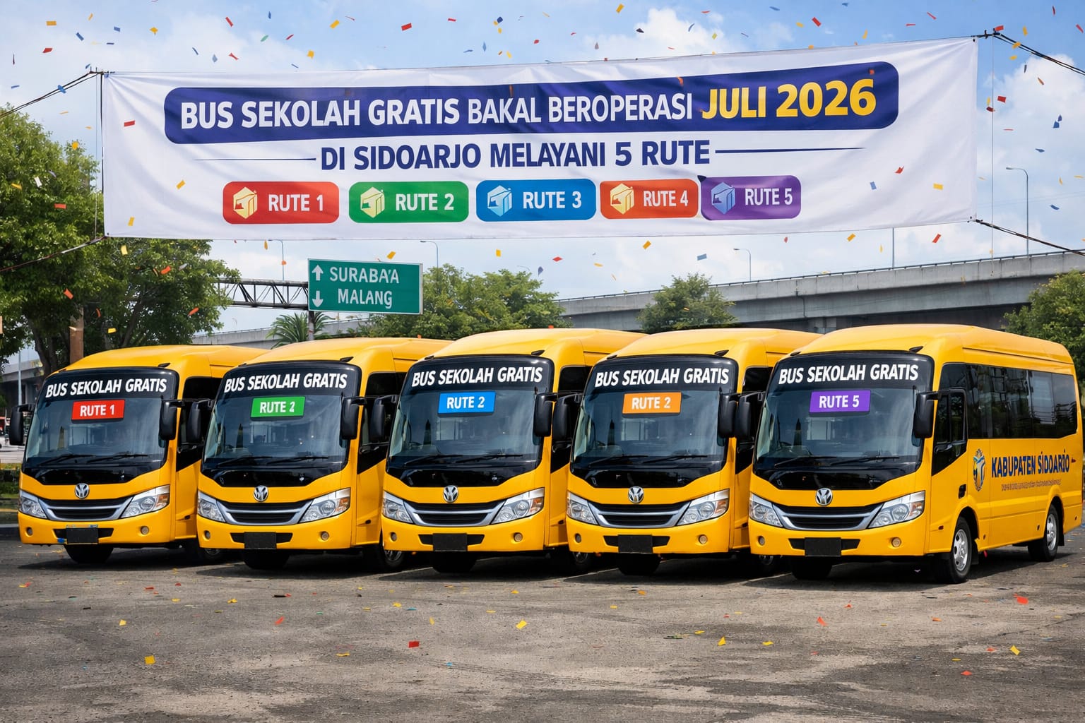 AMAN: Bus sekolah gratis bakal beroperasi Juli 2026 di Sidoarjo. (AI/DIKY SANSIRI/RADAR SIDOARJO)