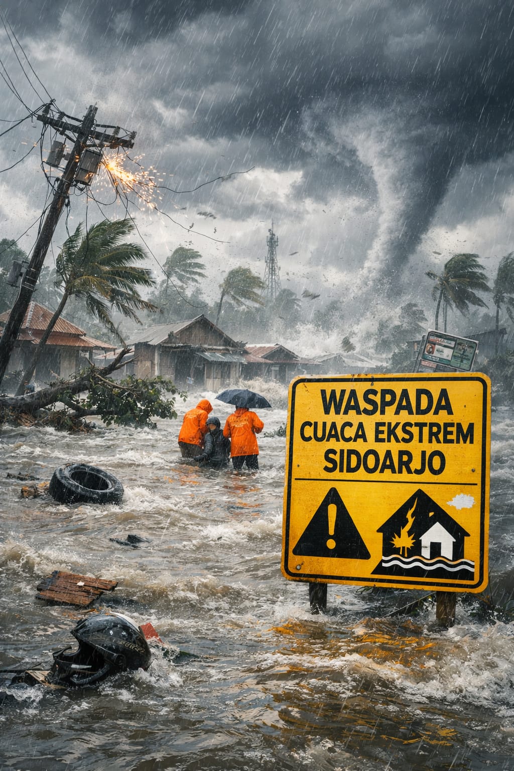WASPADA: Ilustrasi cuaca ekstrem di Sidoarjo. (AI/DIKY SANSIRI/RADAR SIDOARJO)