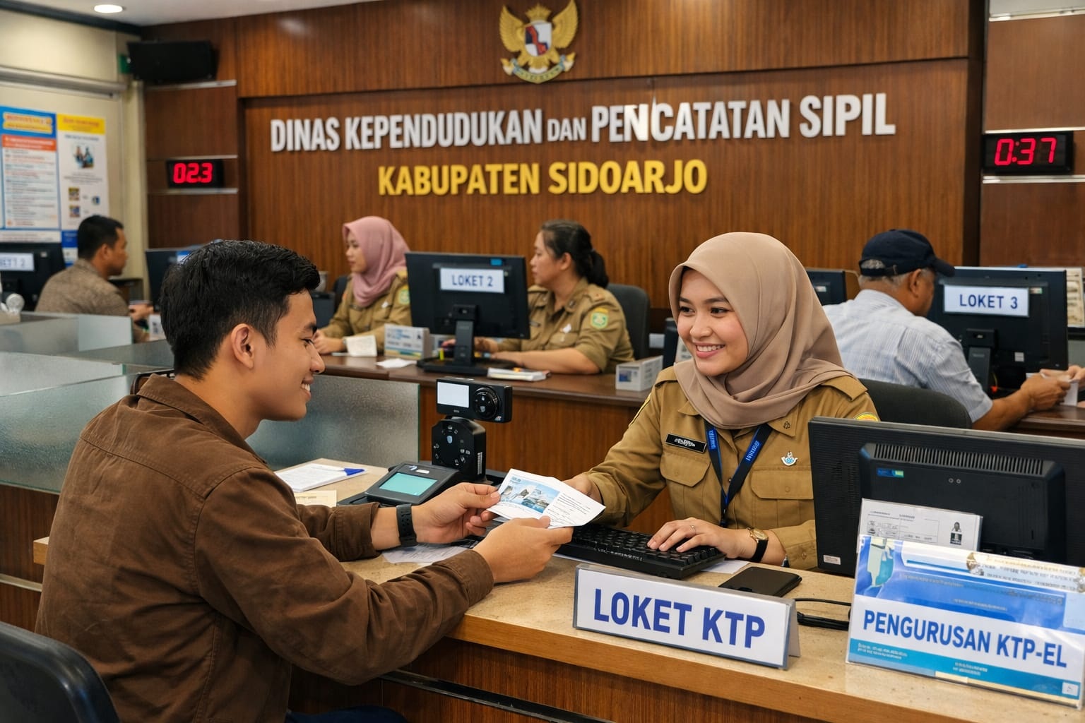PERCEPATAN: Ilustrasi pengurusan e-KTP di kantor Dispendukcapil Sidoarjo. (AI/DIKY SANSIRI/RADAR SIDOARJO)